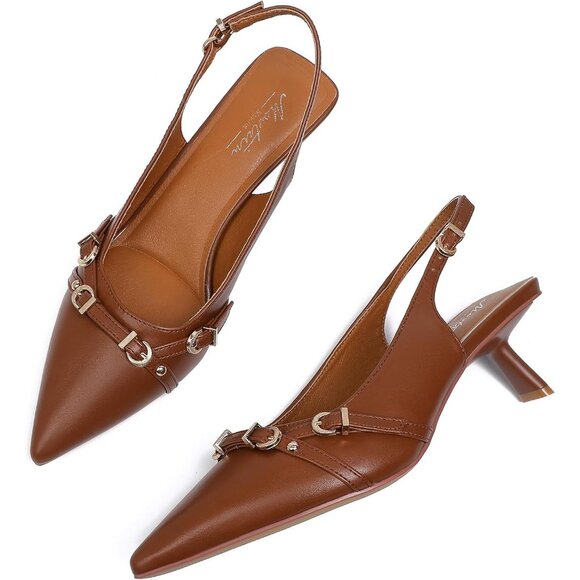 Mostrin Kitten Heel  Brown(03) Faux Leather Low Slingback Heel with Buckle - Picture 4 of 9